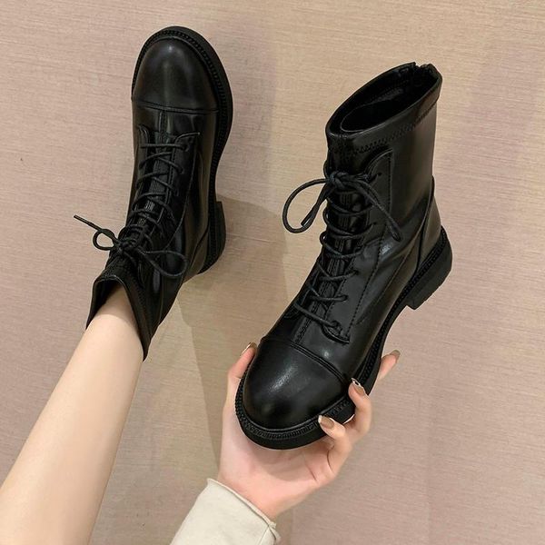 boots ladies pu leather suede platform boots winter female motorcycle shoes women 2021 gothic shoes lace-up, Black